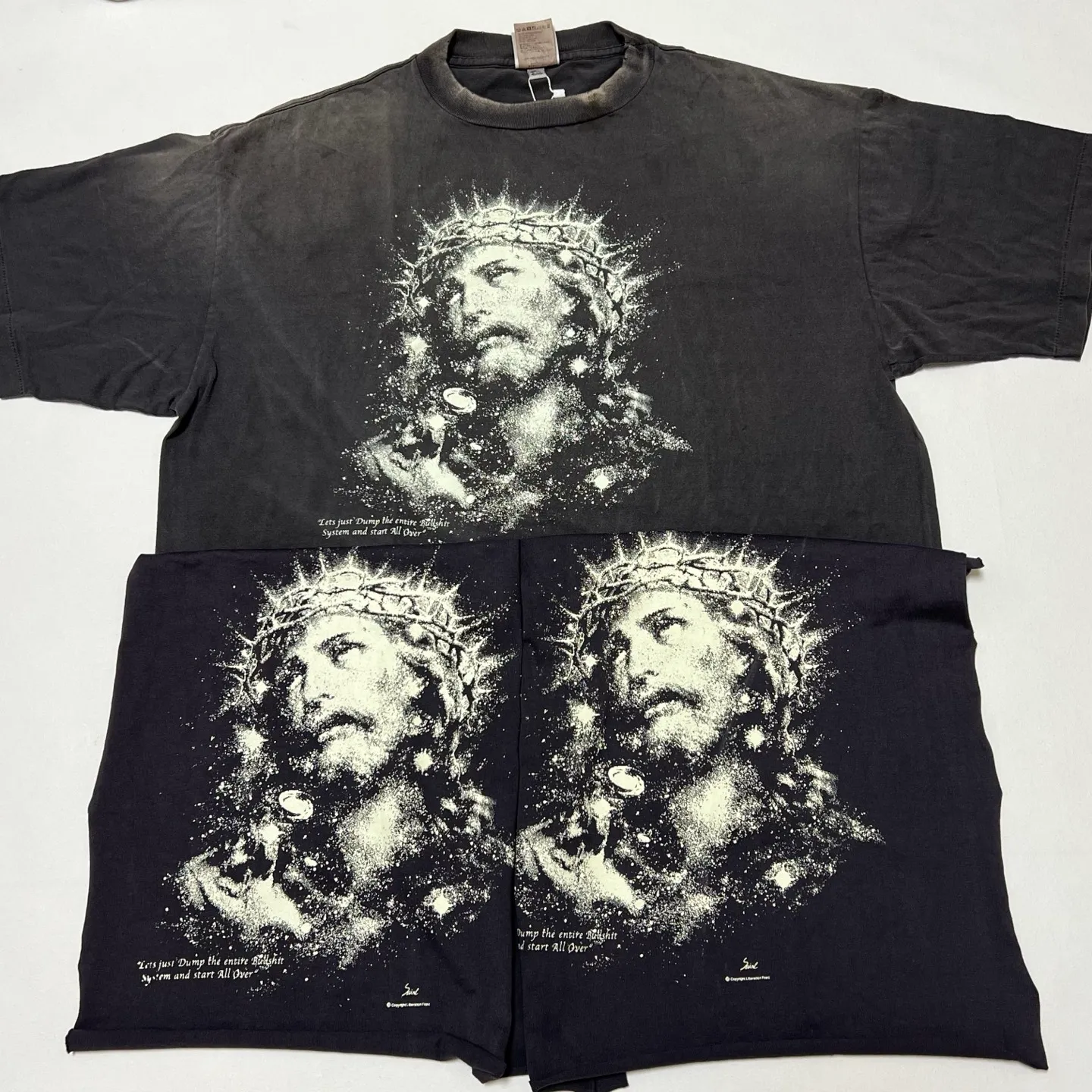 Printing proofing, luminous effect SAINT Mxxxxxx SS TEE/JESUS/BLK Luminous Jesus of Thorns, washed black S-XL, vulcanized garment dyeing, heavy washing, spray fading, simulating natural fading texture, creating ceiling new vintage effect, environmentally friendly luminous paste imported from Japan, significant luminous effect, tube-woven OE yarn fabric, correct accessories, top purchasing agent level